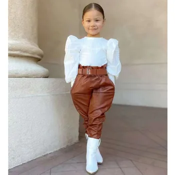 Zarif Moda Çocuk Kız Giyim Seti Puf Kollu Nervürlü Bluz T Gömlek Tops PU Deri Uzun Pantolon Kemer İle 2 ADET Kız Takım Elbise