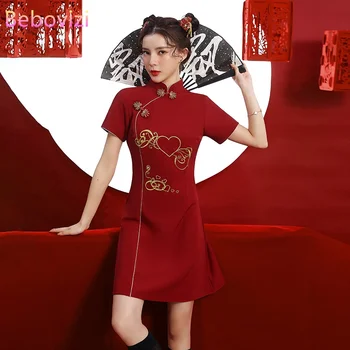 4XL Büyük Boy Geleneksel Giyim Aşk Nakış Gevşek Midi Elbise Yeni Cheongsam Elbiseler Kadınlar için Qipao Elbise