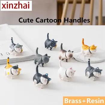 Yaratıcı Pirinç Kedi Kolu Japon Karikatür Dolap Kolları Sevimli Çekmece Kolları Duvar Kancaları Yeni Çekmece Kolları Süslemeleri