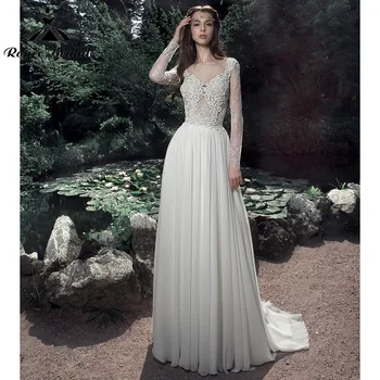 Şık Bir Çizgi Plaj düğün elbisesi Dantel Aplikler Şifon Uzun Kollu V Boyun Backless Cut-out gelin kıyafeti Vestido De Novia 2022