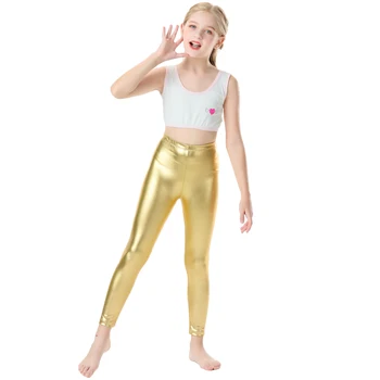 OVIGILY Kızlar Orta Belli Parlak Metalik Tayt Streç Ayak Bileği Uzunluğu Dans Pantolon Çocuklar Sahne Performansı Tayt