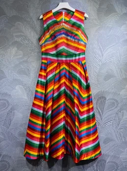 Slim Fit ve Flare Elbise 2023 Yaz Moda Stil Kadın Renkli Gökkuşağı Renkli Baskı Boncuk Deco Kolsuz rahat elbise XL