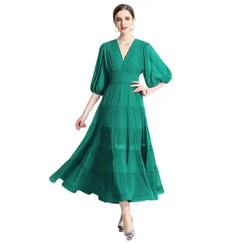 Yaz Şifon Katı Maxi Vintage Elbise Fener Kollu 2023 Kadın Tasarımcı V Yaka İnce Büyük Salıncak Plaj Elbiseleri Tatil Balo
