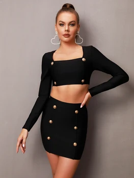 Yeni Kadın Kış Seksi Uzun Kollu Düğme Siyah Kare Yaka Mini Bandaj Etek Seti 2023 Zarif Akşam Kulübü Parti Kıyafeti