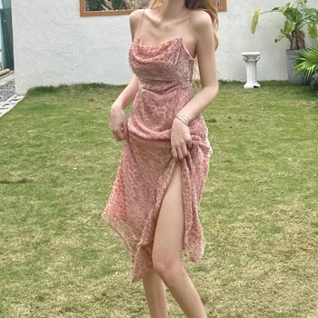Sahil tatil elbisesi Kadın Leopar Kadife Süper Peri Askı Elbise Seyahat Fotoğraf Giyim Seksi Kolsuz Uzun Plaj Elbiseleri