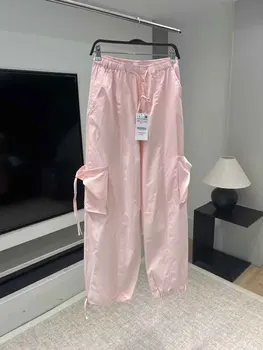 Kadınlar 2023 Yeni Şık Moda ışık Pembe Şemsiye Pantolon Vintage Yüksek Elastik Bel İpli Kadın Pantolon Pantalones