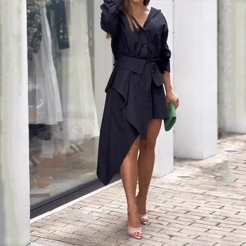 Ellafads Kadın Elbise Moda Uzun Kollu Yaka V Boyun Düzensiz Katı Tek Göğüslü Gömlek Tasarım Akşam Parti Elbiseler Streetwear