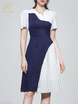 H Han Kraliçe 2023 Yaz Elbiseler Kore Retro Renk Engelleme Pleats Vestidos Moda İnce O-boyun A-Line Parti Rahat Ofis Elbise