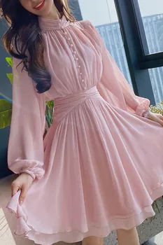 Dabuwawa Benzersiz Eğilim Klasik Bahar Sonbahar Vintage Kadınlar Fırfır Fener Kollu Yüksek Bel Ince Şifon Elbiseler DF1ADR058