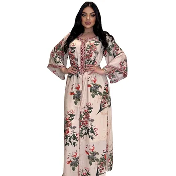 Abaya Kadınlar için Yaz Zarif Müslüman Kadınlar Uzun Kollu V Yaka Açık Pembe Polyester Uzun Çarşafımın Müslüman Moda Elbise
