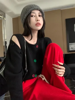 Korobov Y2k Giysileri Off-omuz Kazak Kadınlar için Kış İnce Triko Hollow Out Tasarım Hırka Kore Moda Sueter Mujer
