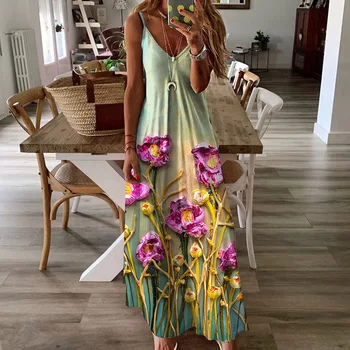 Bohemian Kişilik Sokak Sıcak Kız kadın Giyim 2023 Yaz Spagetti Sapanlar Kolsuz Gevşek Baskılı Elbise uzun elbise