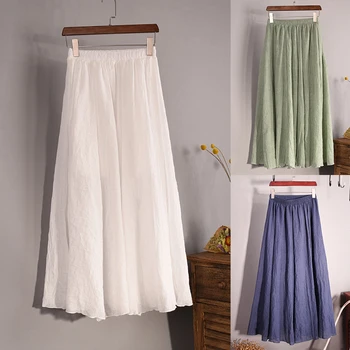 Vintage Katı Pileli Uzun Etekler Pamuk Keten Maxi Etek Kadınlar için Yaz Elastik Bel Kızlar Boho plaj elbisesi A-Line Etek