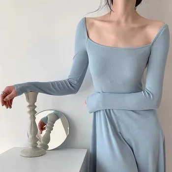 Sonbahar Kış Fransız Tarzı Zarif Uzun Kollu Elastik Kazak Elbise Vintage Örme Kare Yaka İnce A-line Elbiseler Vestidos