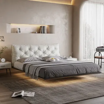 Hakiki deri yatak süspansiyon yatak, modern ve basit ana yatak odası deri yatak, çekme toka yumuşak çanta yatak, high-end büyük çift