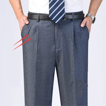 Yaz İnce Smokin takım elbise pantalonları Yüksek Bel Gevşek Çift Pilili Takım Elbise Pantolon İş Rahat erkek Pantolon Orta Yaşlı Baba
