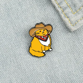 Kovboy Kediler Emaye Pin Özel Komik Hayvan Şapka Broş Gömlek Yaka Çanta Sevimli Rozet Karikatür Yavru Takı Arkadaşlar için Hediye