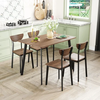 Yemek Odası için 4 Sandalyeli Modern 5 Parçalı Yemek Masası Seti，Siyah Çerçeve + Kahverengi meşe tahta yüzey