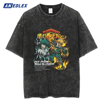 Harajuku Anime T-shirt Vintage Yıkanmış Tshirt Erkekler Moda Streetwear Yaz Kısa Kollu Üstleri %100 % Pamuk Unisex Tişörtleri Siyah