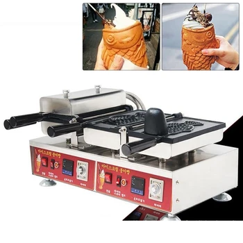 Ticari dijital açık ağız taiyaki makinesi elektrikli büyük ağız dondurma balık waffle koni makinesi 2 adet dondurma taiyaki tava