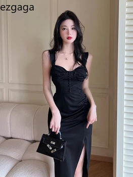 Ezgaga Kadın Elbise Bölünmüş Spagetti Kayışı Fransız Tarzı Düğme Ince Parti Elbiseler Siyah Seksi Zarif Backless Yaz Moda