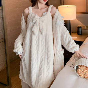 Mercan Polar Elbise Takım Elbise Kış Sıcak Pijama Pazen İki Adet Uyku Seti Pazen Kalınlaşmak Ev Giyim Jakarlı İç Çamaşırı