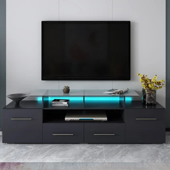 Renk değiştiren LED ışıkları ile TV standı, evrensel eğlence merkezi, 70 + inç TV için parlak TV dolabı, siyah