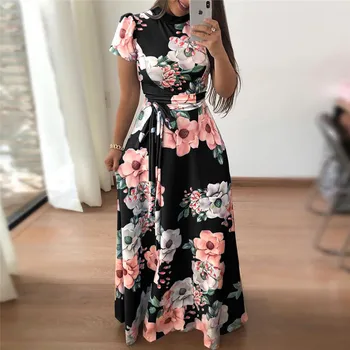 Kadın yaz elbisesi 2019 Rahat Kısa Kollu uzun elbise Boho Çiçek Baskı Maxi Elbise Balıkçı Yaka Bandaj Zarif Elbiseler Vestido
