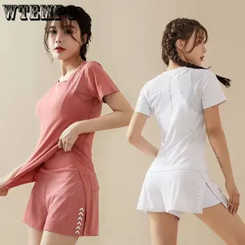 Kadın Kısa Kollu Yüksek Bel Aydınlık Baskı spor elbise Nefes Koşu Etek Pantolon Yoga Spor 2 Parça Şort Setleri