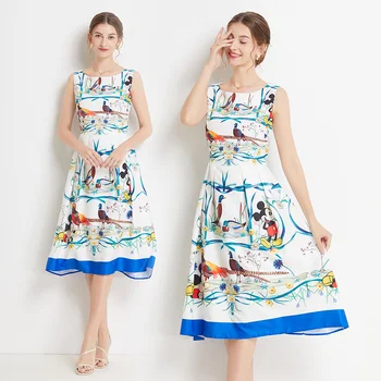 Yaz Kolsuz Midi Elbiseler Karikatür Desenli Kadın Tasarımcı Yuvarlak Boyun İnce evaze elbise 2023 Tatil Parti Sundress