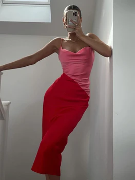 Seksi Spagetti Kayışı V Boyun Saten Renk Patchwork Elbise Midi Elbise Kadınlar için 2023 Zarif Akşam Kulübü Parti Uzun Elbiseler Pembe