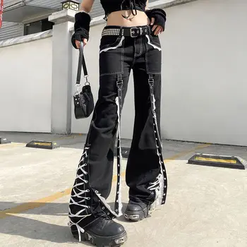 Bandaj Dantel Patchwork Kot Yüksek Sokak Y2K Punk Tarzı Denim Pantolon Kadın Siyah Düz Geniş Bacak Gevşek Pantalones Fermuar
