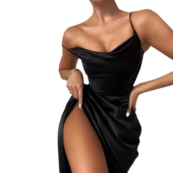 Kadın Spagetti Kayışı Mini Elbise, Siyah Saten Parti Elbise, V Yaka, Yüksek Yan Bölünmüş, Seksi, Yaz