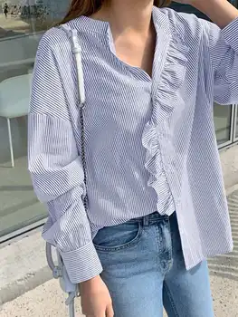2023 ZANZEA İlkbahar Yaz Gömlek Kadın Moda Şerit Baskılı Uzun Kollu Casual Blusas Tunik Düğme Manşetleri Ruffles Bluzlar