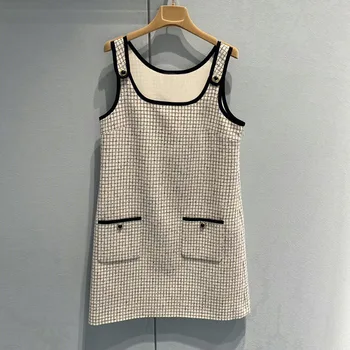 Tasarımcı Marka Ekose Yelek Kolsuz evaze elbise Kolej Tarzı Rahat Askı Kadın Kısa Elbiseler 2023 Bahar Yeni