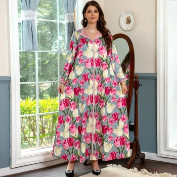 Eid Ramazan Jilbab Müslüman Abayas Kadınlar İçin 2023 Yeni Boho Retro Baskılı Maxi Elbise Uzun Kollu Yaz Kimono Arap Elbiseler