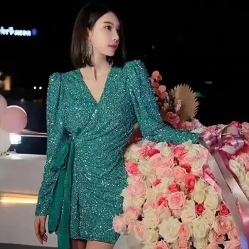 2023 Yeni Vintage Lüks Stil Bling Bling Pullu Boncuklu Lace Up Bel Kadınlar Seksi Parti Elbise