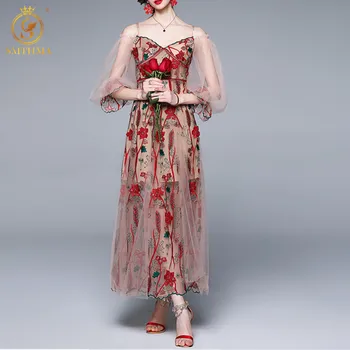 SMTHMA Yeni Moda Çiçek Işlemeli Örgü yaz elbisesi kadın Alevlendi Uzun Kollu Plaj Uzun Elbiseler Vestidos