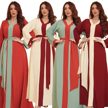 Orta Doğu Dubai Abaya Kontrast Renkler Müslüman Elbise Kemer Uzun Kollu Zarif Jalabiya Türk Uzun Elbiseler