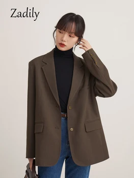 Zadily 2023 Bahar Yeni Ofis Bayan Kahve Kadın Blazer Kore Tarzı Vintage Gevşek Takım Elbise Blazer İş Kadın Kış giyim Ceket