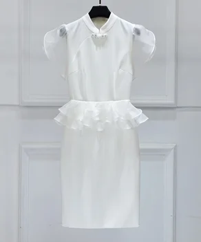 En Kaliteli Marka çin elbisesi 2023 Yaz Parti Kokteyl Kadın Tül Örgü Fırfır Deco Kısa Kollu Bodycon Kılıf Elbise XXL