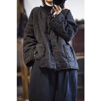 Retro Kadın Ceket Kış Pamuk Keten Hırka Pamuk Yastıklı Cepler Siyah Sıcak Parkas Kadın YoYıKamomo