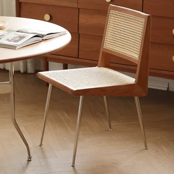 İskandinav Rattan katı ahşap yemek sandalyesi Ev Arkalığı Sandalye Modern Minimalist Ortaçağ Sandalye Paslanmaz Çelik Ünlü Sandalye