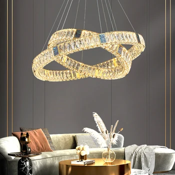 Lüks Yüzük Kristal LED Avize Oturma Odası Yemek Odası İçin Modern Yuvarlak Asılı Lamba Büyük Altın iç mekan aydınlatması Fikstür