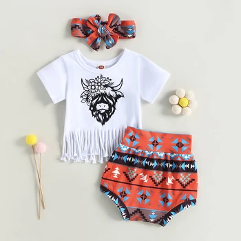 FOCUSNORM Bebek Bebek Kız Giysileri Setleri 0-24M İnek Kafası Baskı Kısa Kollu Püskül Hem T-Shirt Elastik Bel Şort Kafa Bandı 3 Adet