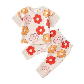 Bebek Çocuk Bebek Kız 2 Adet Çiçek Giyim Seti Kısa Kollu Gömlek Tops Pantolon Waff Ekose yaz kıyafetleri Moda 0-24M