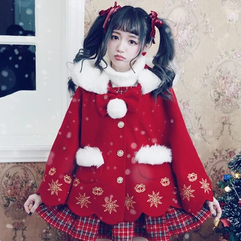 Prenses tatlı lolita öğrenci kazak BOBON21 Noel kar tanesi işlemeli yün ceket C1439