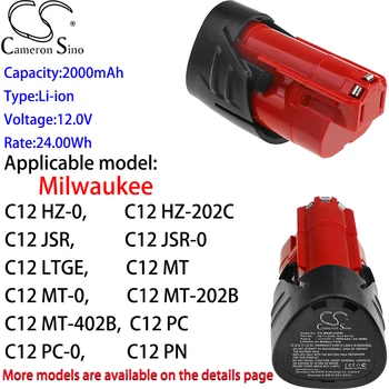 Cameron Çin Lityum Pil 2000mAh 12.0 V için Milwaukee C12PN-0, C12PPC, C12PXP, C12PXP-I06202C, C12PXP-I10202C, C12PXP-N202C, C12RAD
