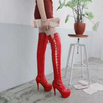 2021 Yüksek Topuklu Diz Çizmeler Üzerinde Kadın Uyluk Yüksek Çizmeler Patent Deri Platform Çizmeler Gotik Ayakkabı Seksi Artı Boyutu 51 52 M-861