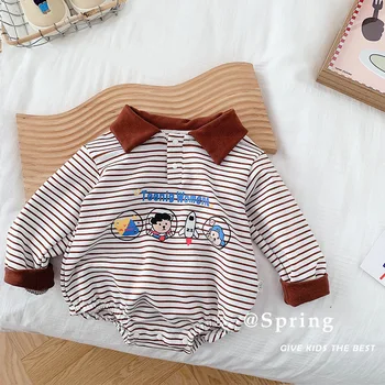Bebek Şerit Romper 0-2 Yaşında Bahar Kız Erkek Bebek Karikatür Kontrast Tulum İlk Yıl Eski Elbise